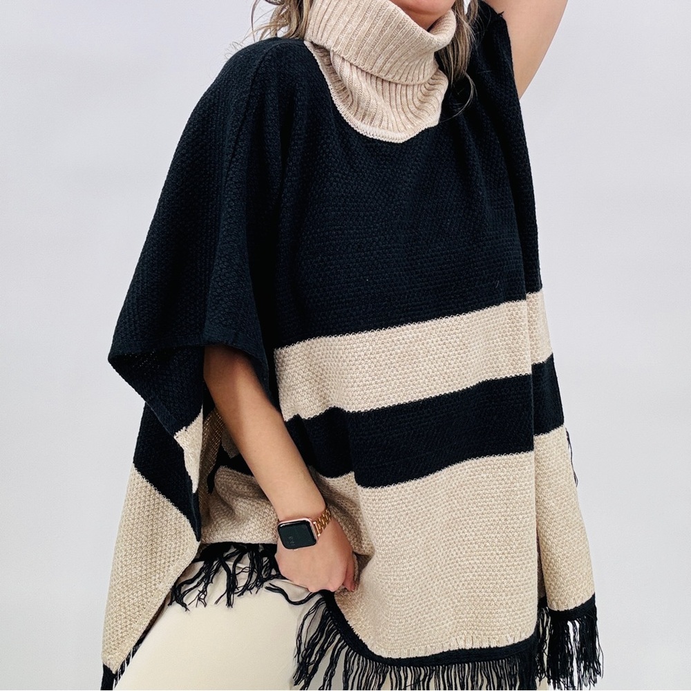 Color block cream and navy turtleneck knit poncho‎